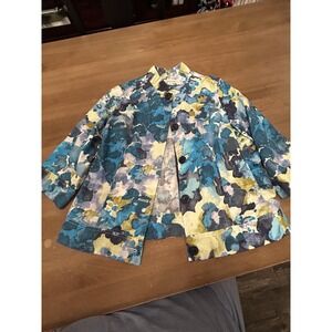 Coldwater Creek Jacket Womens 10 Blue Yellow Cotton Linen Floral Mandarin Collar